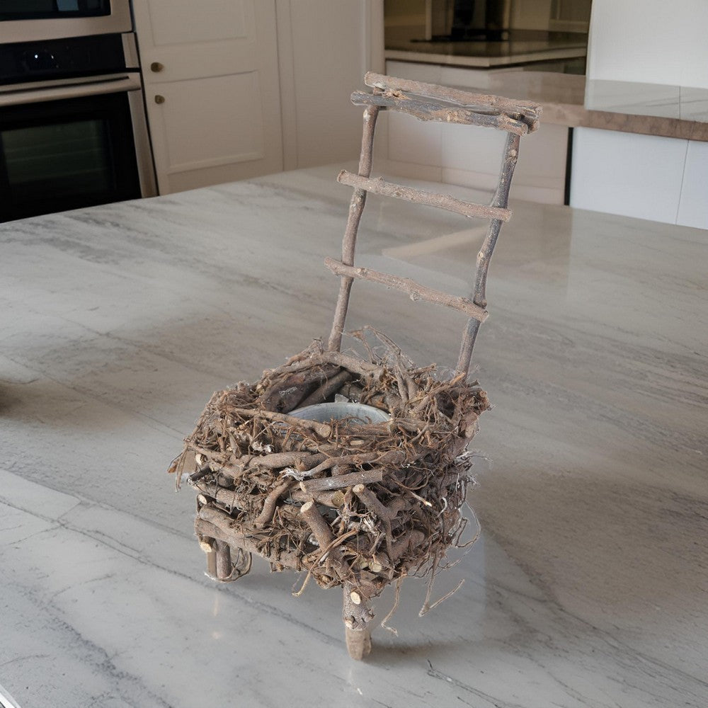 benzara Nature Inspired Wooden Nest Planter with Clay Pot Gray and Brown - BM200899