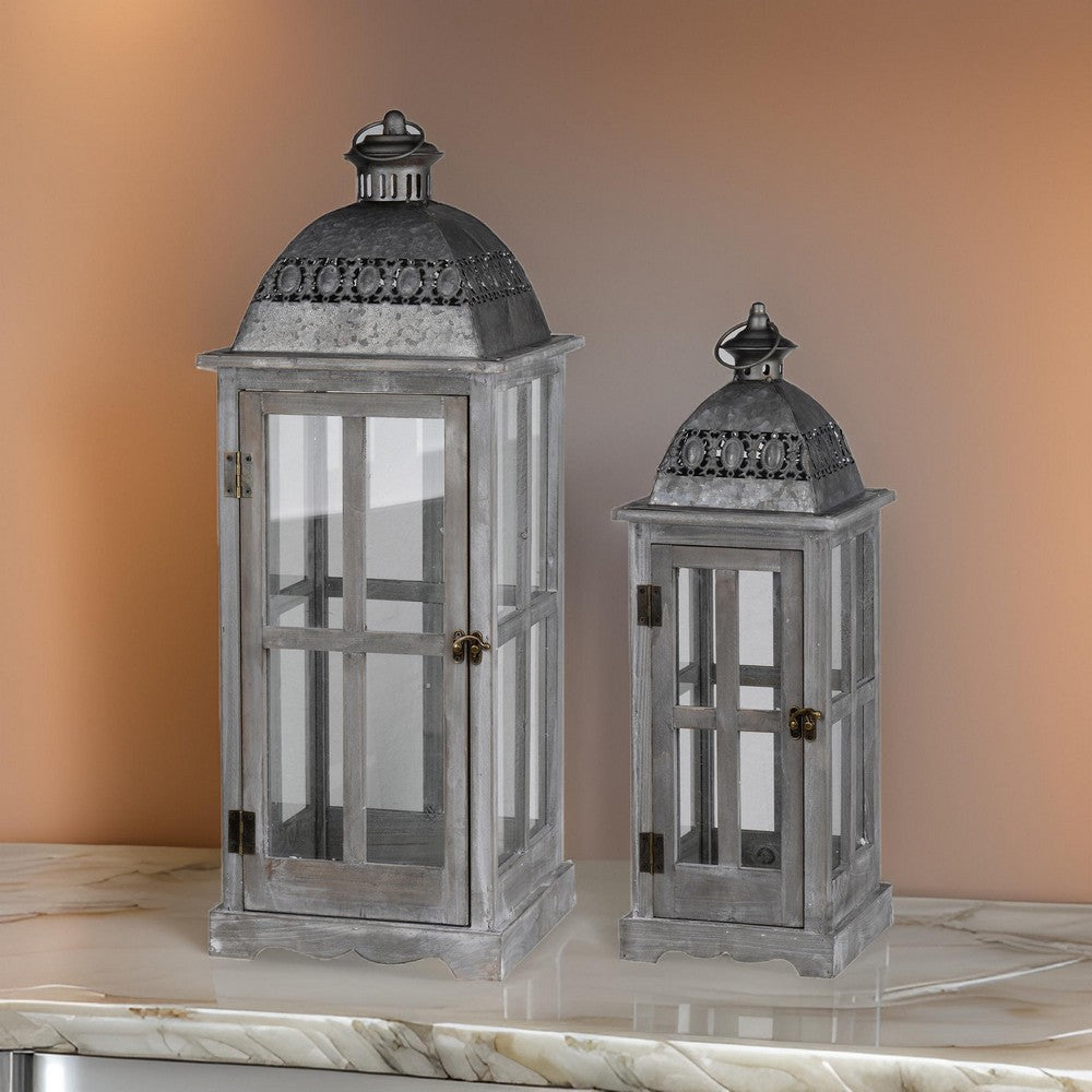 Wood and Metal Lanterns with Glass Window Pane Design, Gray, Set of 2 - BM200911