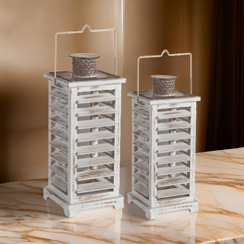 Wood and Metal Lanterns with Louvered Design, White, Set of 2 - BM200913