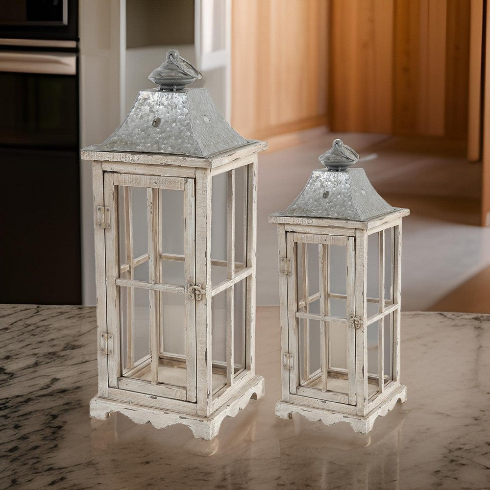 Wood and Metal Lanterns with Window Pane Design, White, Set of 2 - BM200914