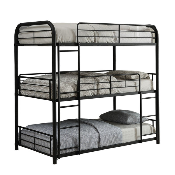 Triple Layer Full Size Metal Bunk Bed with Attached Ladder, Black - AMF-37330