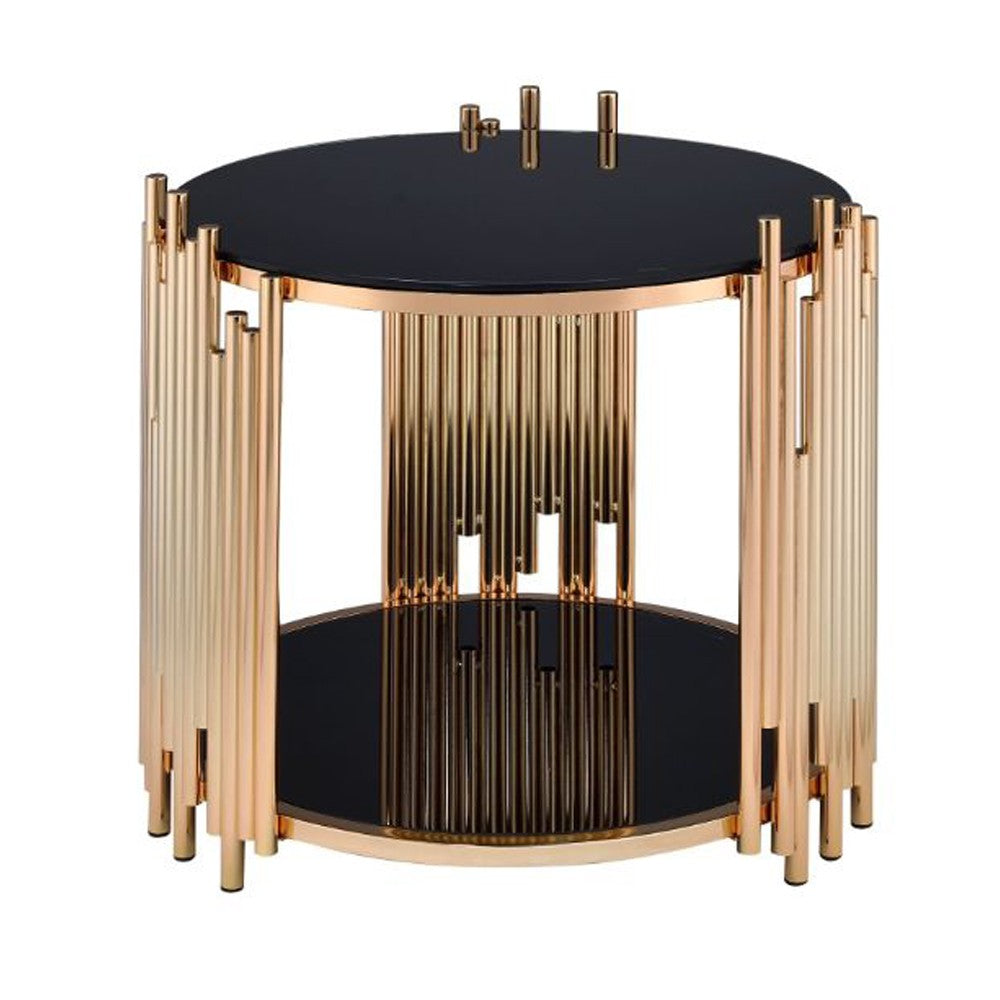 Modern Metal and Glass End Table with Tubing Design, Black and Gold - AMF-84492