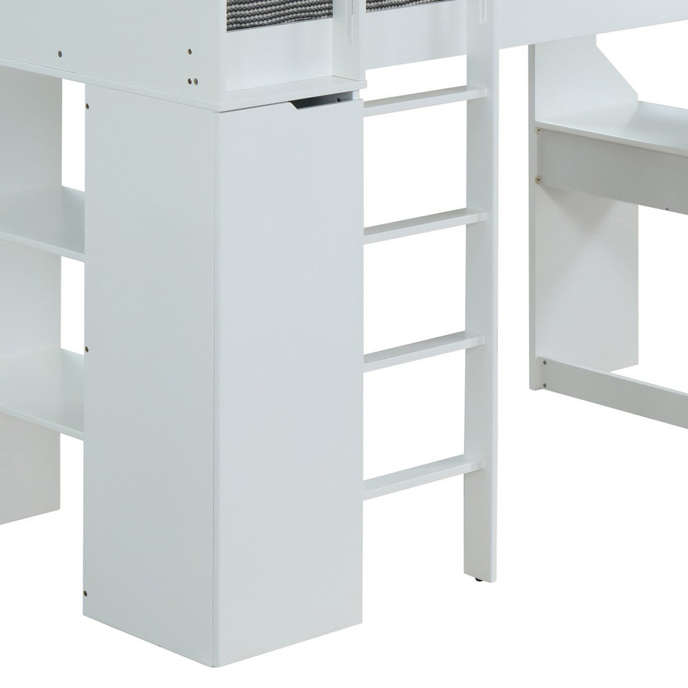 Wooden Twin Size Loft Bunk Bed with Workstation and Ladder, White - AMF-38060