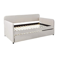 Fabric Upholstered Wooden Day Bed with Trundle and Panel Back, Beige - AMF-39190