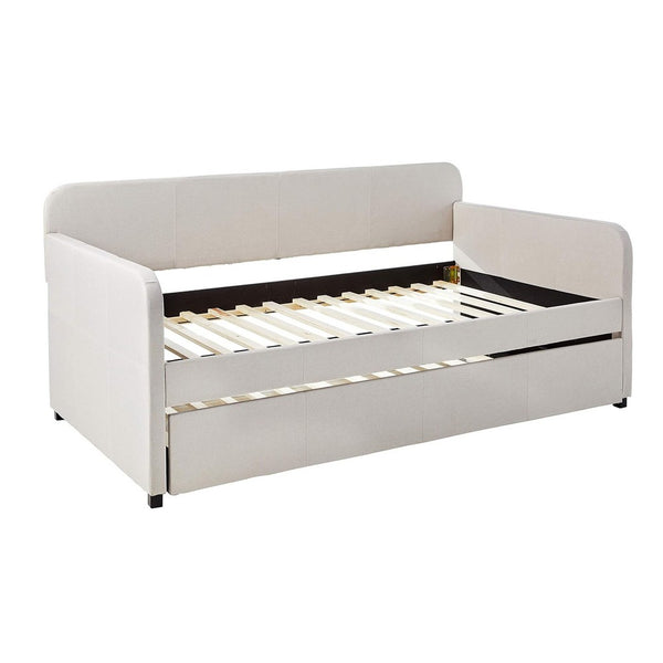 Fabric Upholstered Wooden Day Bed with Trundle and Panel Back, Beige - AMF-39190