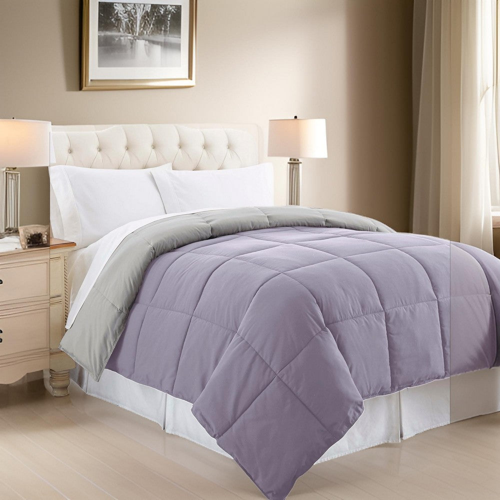 Genoa Twin Size Box Quilted Reversible Comforter , Purple and Gray - BM202045