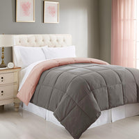 Genoa Queen Size Box Quilted Reversible Comforter , Gray and Pink - BM202050