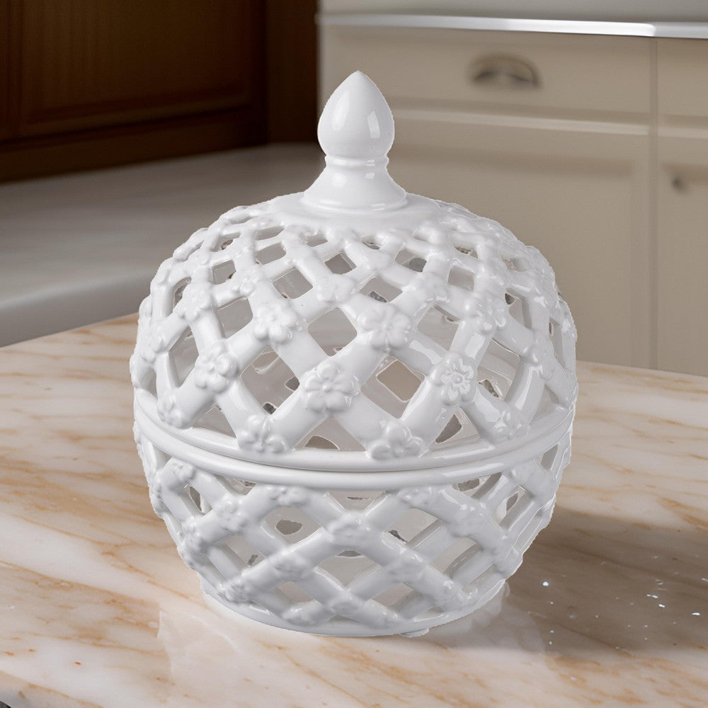 benzara Decorative Ceramic Lidded Jar with Flower Motif Exterior Small White - BM202236