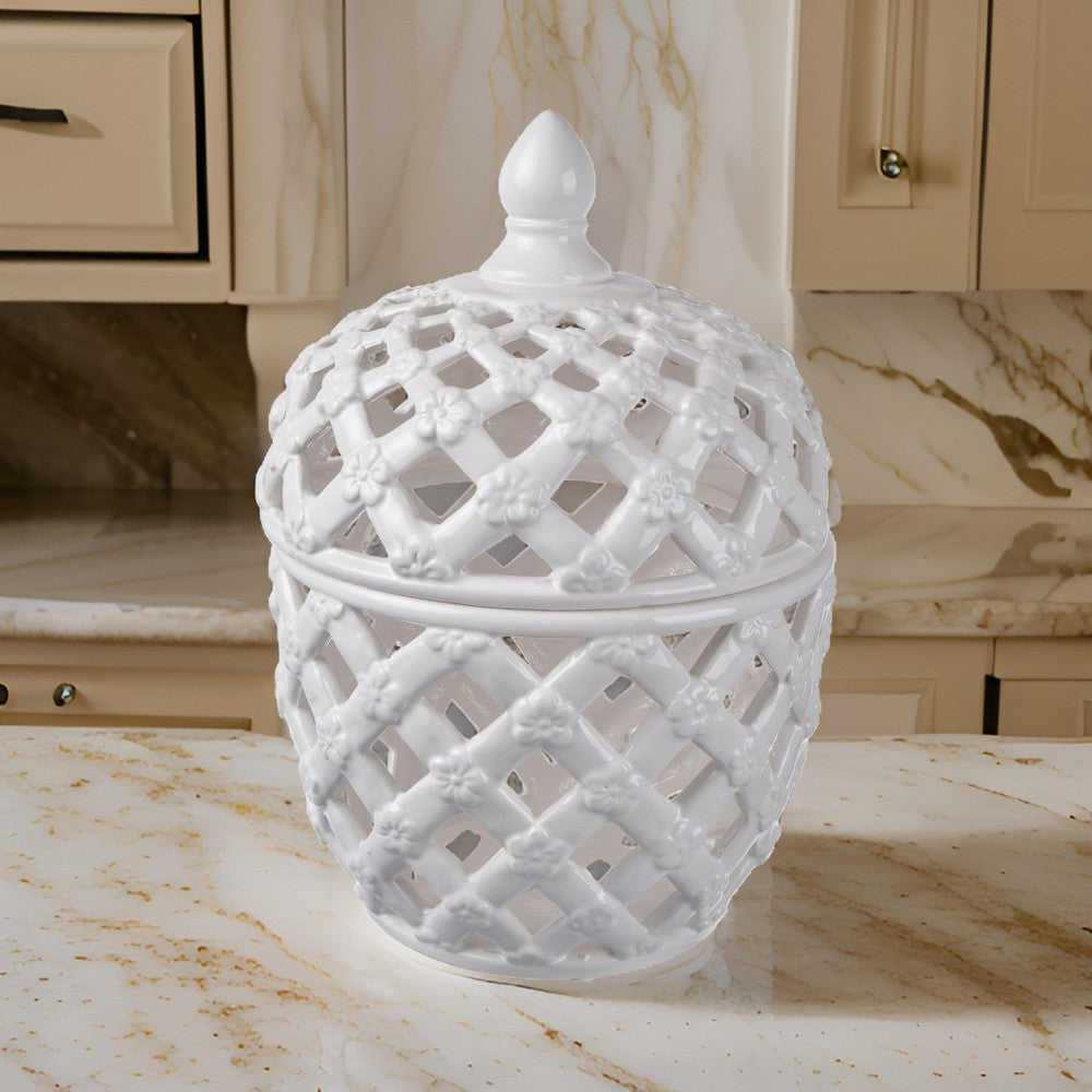 benzara Decorative Ceramic Lidded Jar with Cut Out Texture Large White - BM202237