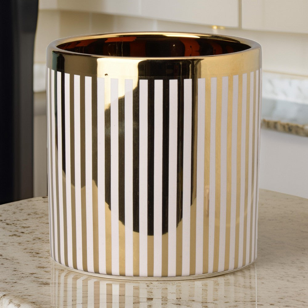 Ceramic Cylindrical Planter with Strips Pattern, White and Gold - BM202243