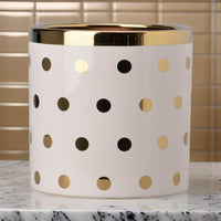 Ceramic Cylindrical Planter with Polka Dots Pattern, White and Gold - BM202244