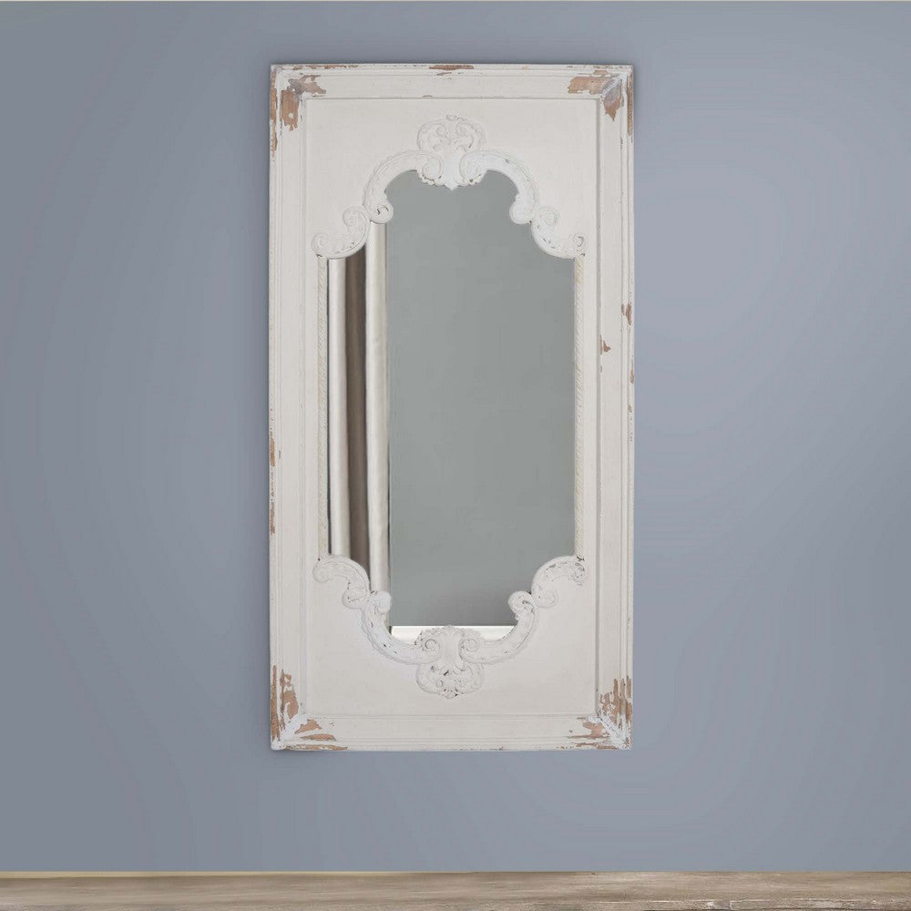 Wooden Rectangle Wall Mirror with Chipped Edges and Hook, White - BM202270