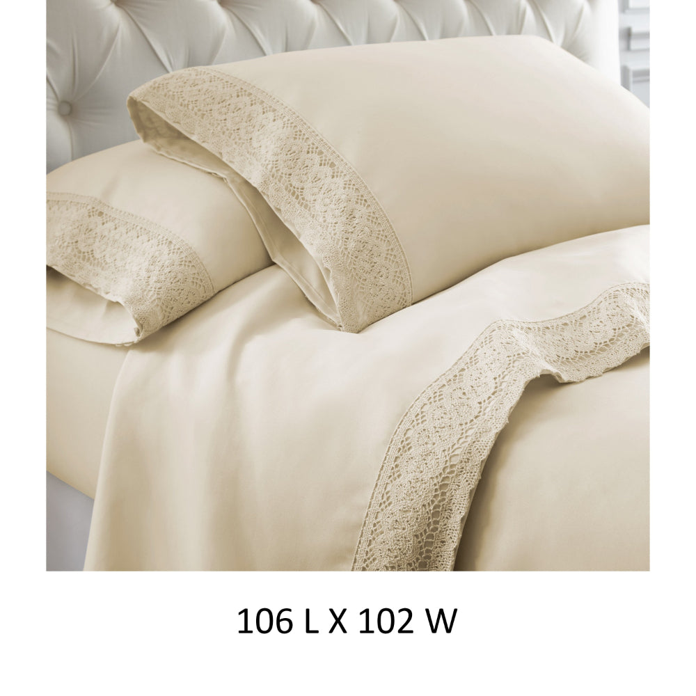 Udine 4 Piece California King Size Sheet Set with Crochet Lace , Cream - BM202456