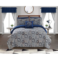 Caen 8 Piece Printed Queen Reversible Comforter Set , Gray and Blue - BM202742