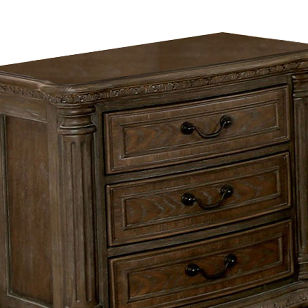 Wooden Nightstand with 3 Drawers and Intricate Carving Details, Brown - BM203243