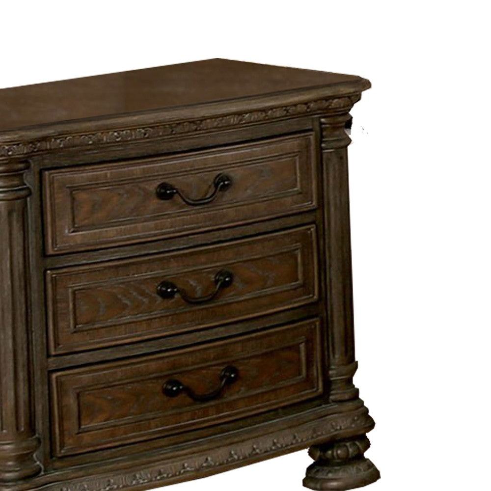 Wooden Nightstand with 3 Drawers and Intricate Carving Details, Brown - BM203243