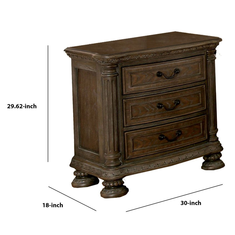 Wooden Nightstand with 3 Drawers and Intricate Carving Details, Brown - BM203243