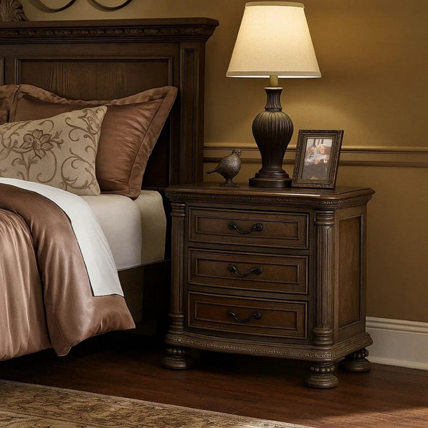 Wooden Nightstand with 3 Drawers and Intricate Carving Details, Brown - BM203243