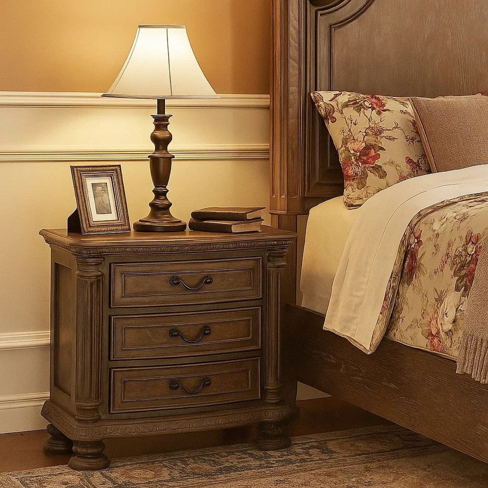Wooden Nightstand with 3 Drawers and Intricate Carving Details, Brown - BM203243
