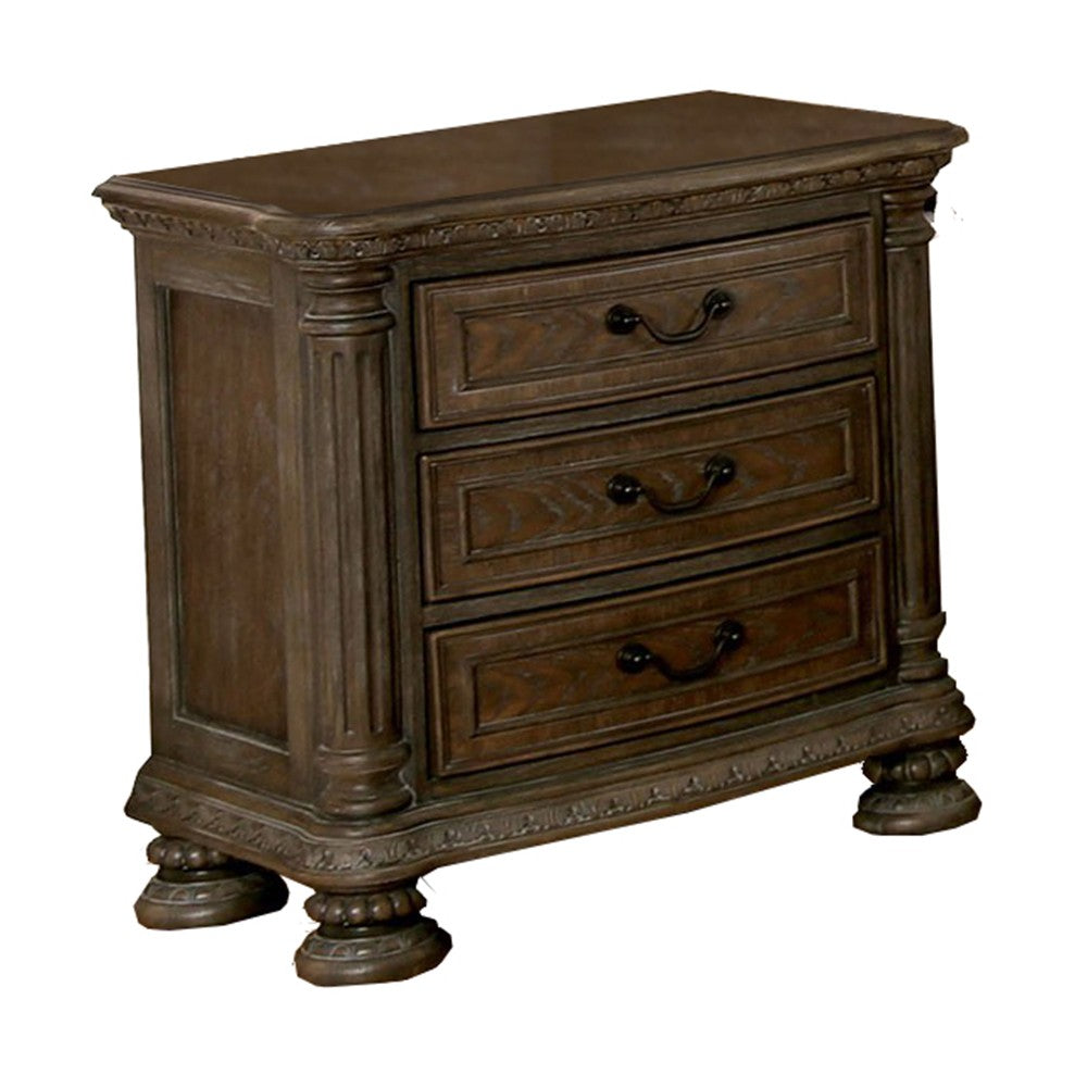 Wooden Nightstand with 3 Drawers and Intricate Carving Details, Brown - BM203243