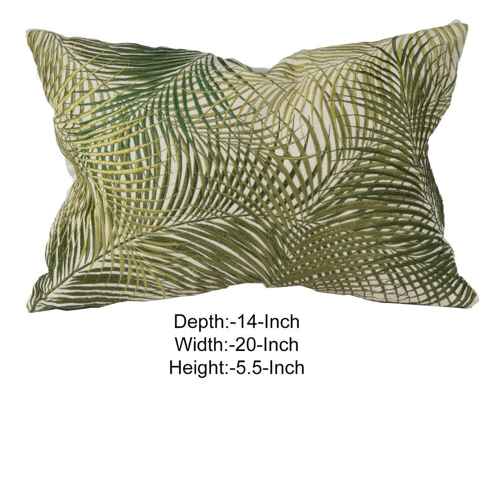 20 X 14 Inch Embroidered Pillow with Palm Leaf Design, White and Green - BM203504 By Casagear Home