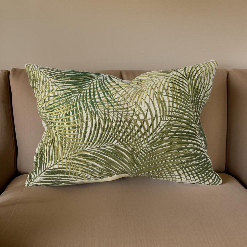 20 X 14 Inch Embroidered Pillow with Palm Leaf Design, White and Green - BM203504 By Casagear Home