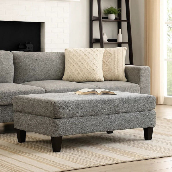 Fabric Upholstered Wooden Ottoman with Tapered Legs, Gray - BM203949