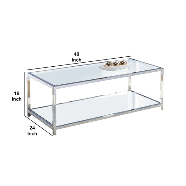 Glass Top Metal Coffee Table with Open Bottom Shelf, Silver and Clear - BM203952