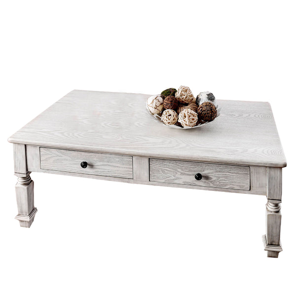 Transitional Wooden Coffee Table With Turned Legs and 2 Drawers, White - BM204002