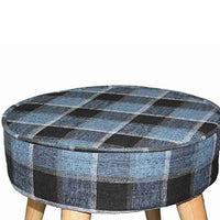 Fabric Upholstered Wooden Footstool with Dowel Legs, Blue and Brown - BM204292