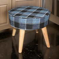 Fabric Upholstered Wooden Footstool with Dowel Legs, Blue and Brown - BM204292
