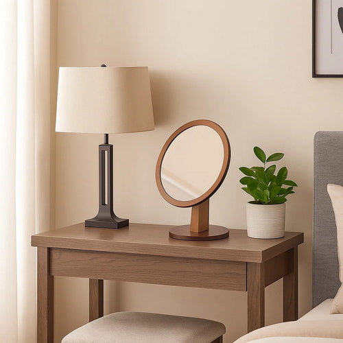 Benjara Wooden Makeup Round Mirror with Pedestal Base, Brown and Silver - BM204305| Benzara.com Benjara Wooden Makeup Round Mirror with Pedestal Base, Brown and Silver - BM204305| Benzara.com