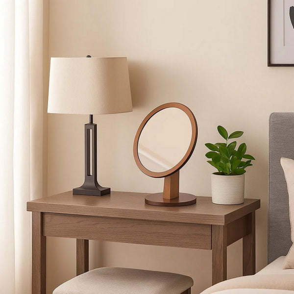 Wooden Makeup Round Mirror with Pedestal Base, Brown and Silver - BM204305