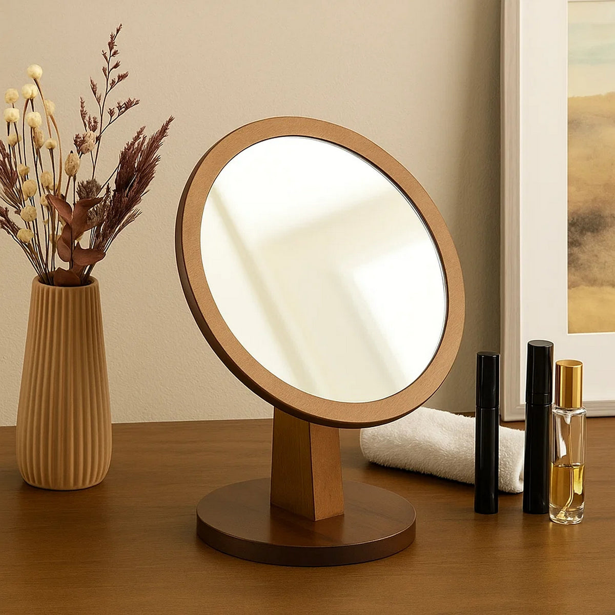 Wooden Makeup Round Mirror with Pedestal Base, Brown and Silver - BM204305