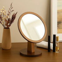 Wooden Makeup Round Mirror with Pedestal Base, Brown and Silver - BM204305
