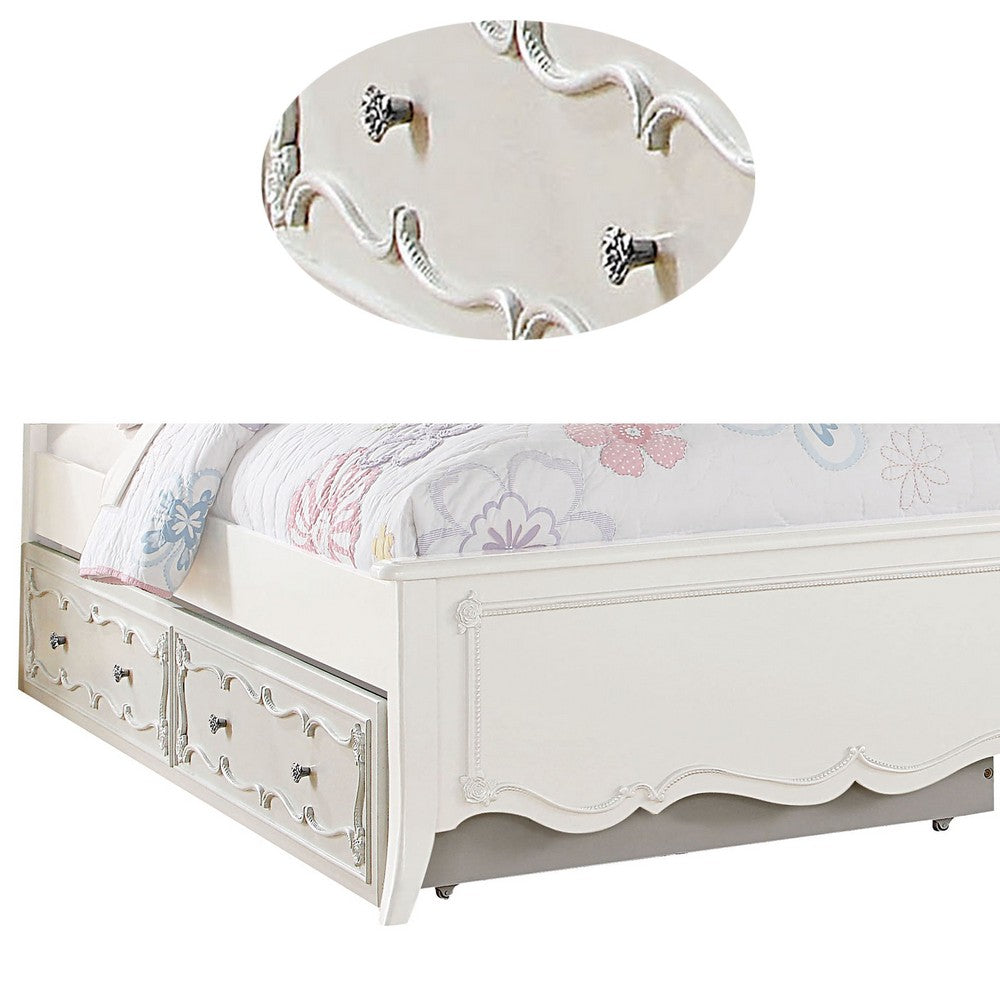 Twin Size Wooden Trundle with Round Knobs and Caster Wheels, White - BM204308