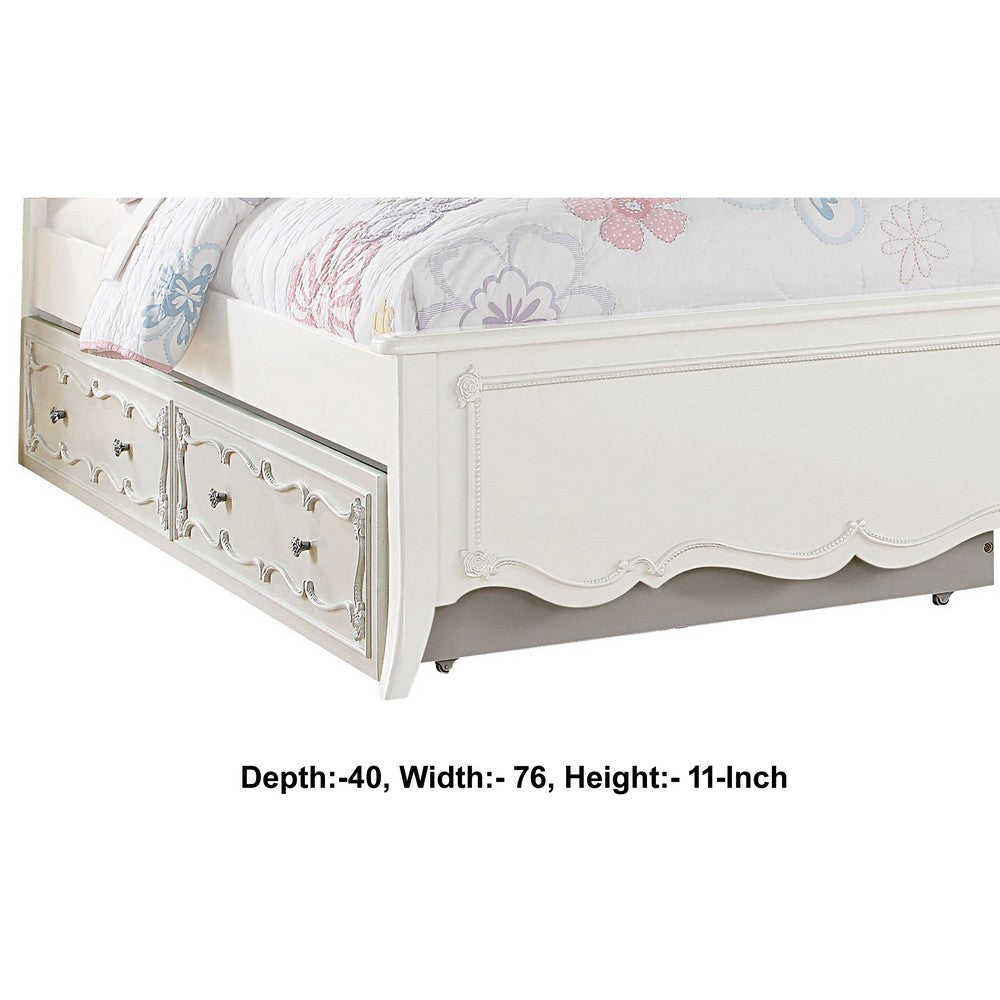 Twin Size Wooden Trundle with Round Knobs and Caster Wheels, White - BM204308
