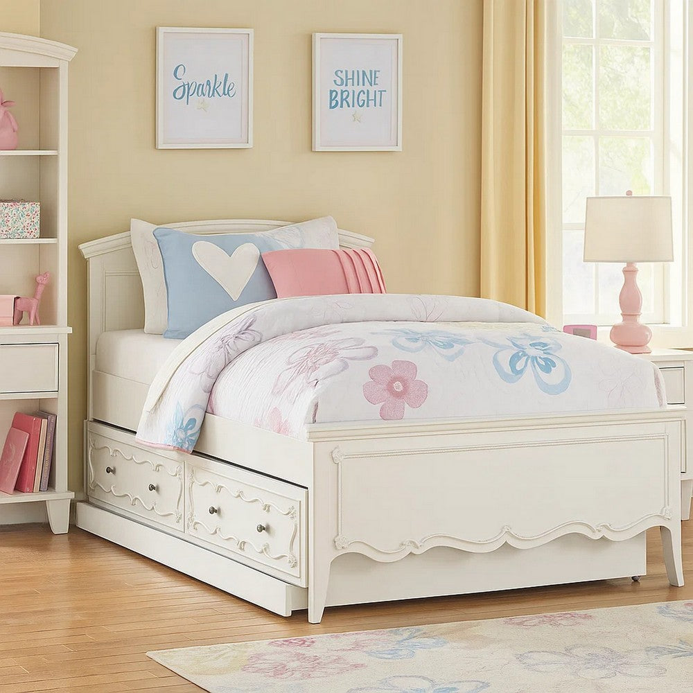 Twin Size Wooden Trundle with Round Knobs and Caster Wheels, White - BM204308