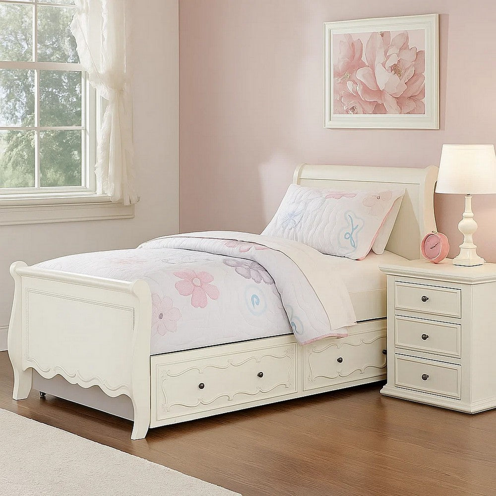 Twin Size Wooden Trundle with Round Knobs and Caster Wheels, White - BM204308