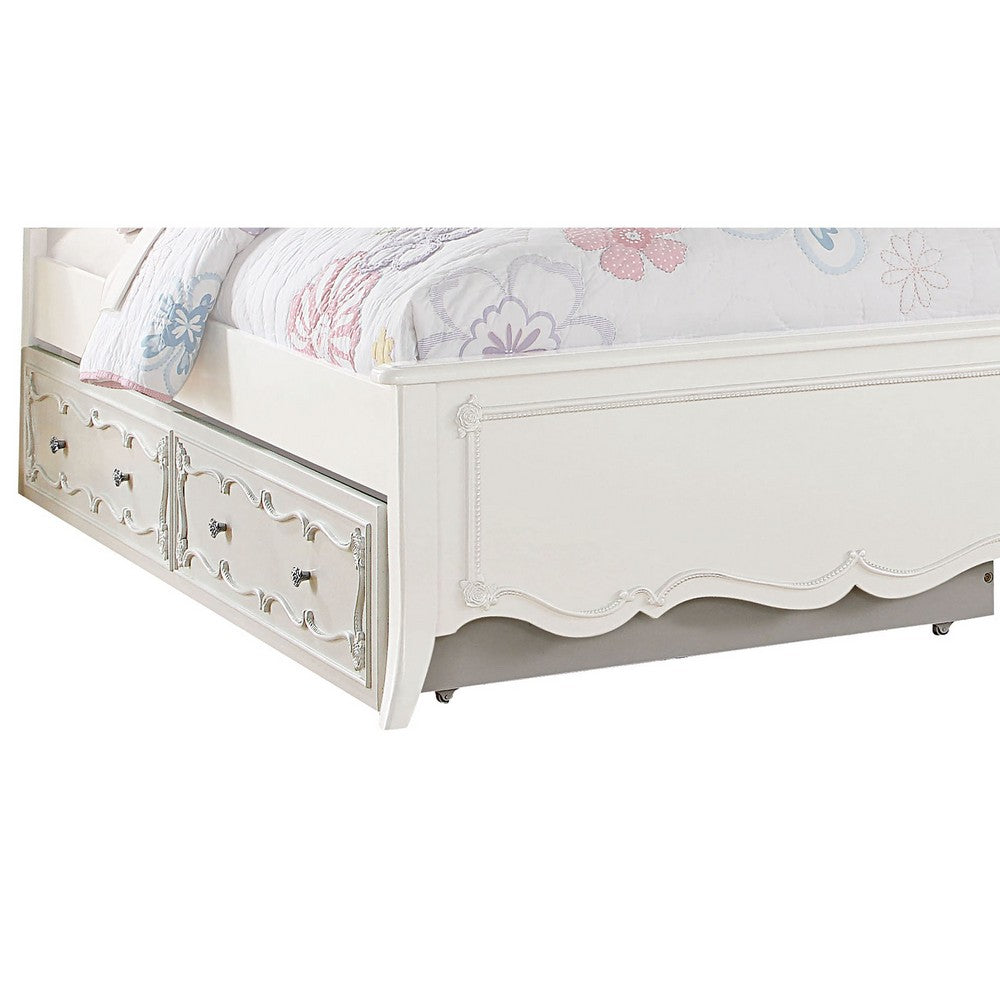 Twin Size Wooden Trundle with Round Knobs and Caster Wheels, White - BM204308