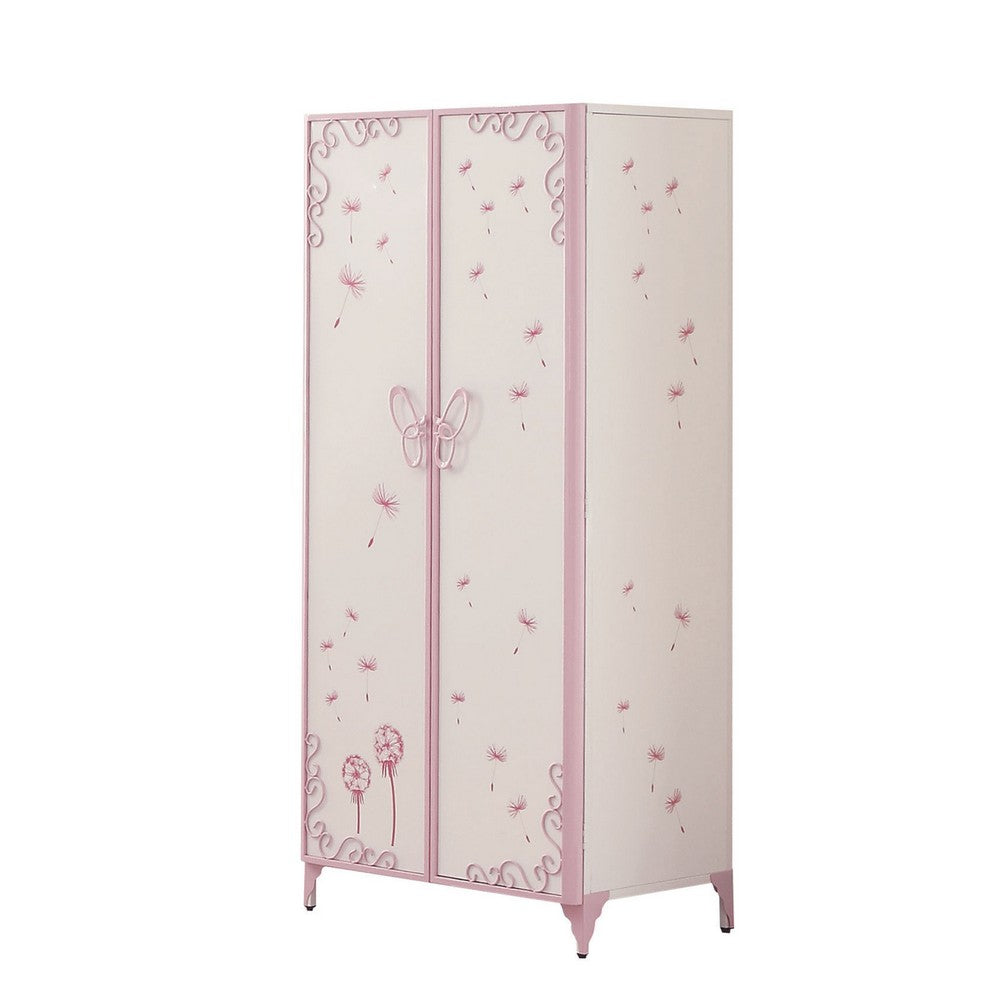 Metal Armoire with Butterfly Handle and Dandelions, White and Purple - BM204309