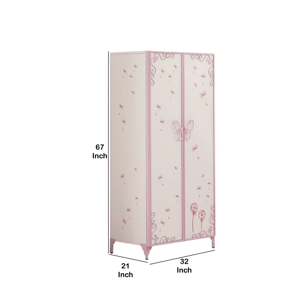 Metal Armoire with Butterfly Handle and Dandelions, White and Purple - BM204309