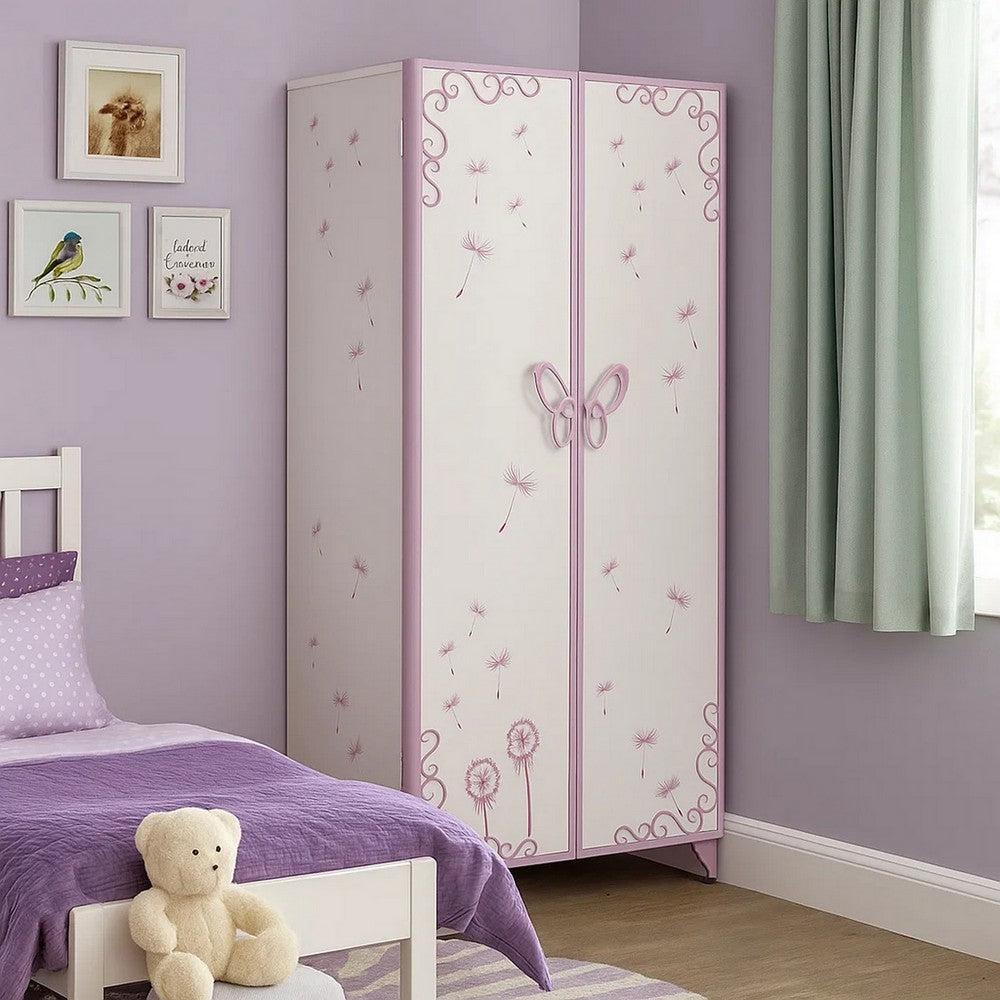 Metal Armoire with Butterfly Handle and Dandelions, White and Purple - BM204309