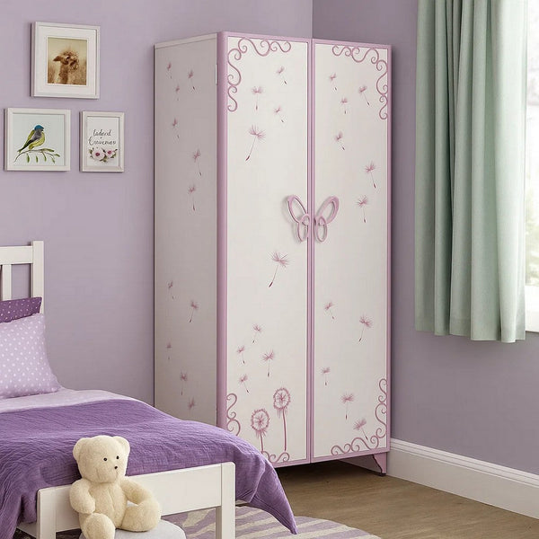 Metal Armoire with Butterfly Handle and Dandelions, White and Purple - BM204309