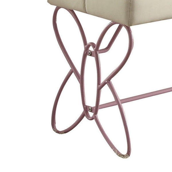 Metal Armless Bench with Butterfly Design, White and Purple - BM204310
