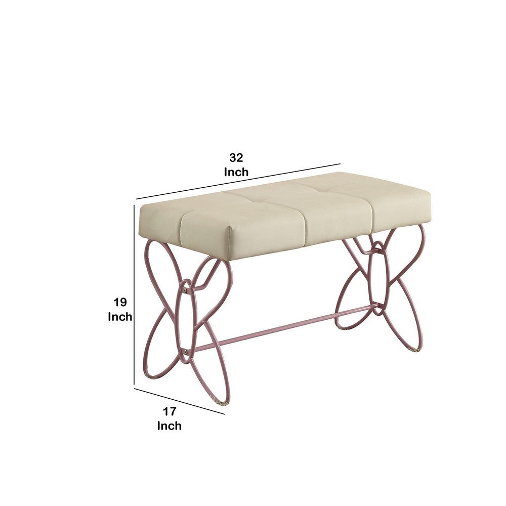 Metal Armless Bench with Butterfly Design, White and Purple - BM204310