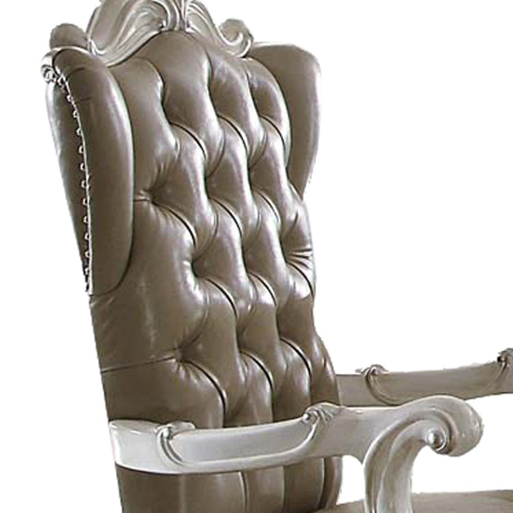 Faux Leather Upholstered Wooden Arm Chairs, Set of Two, White and Gray - BM204356