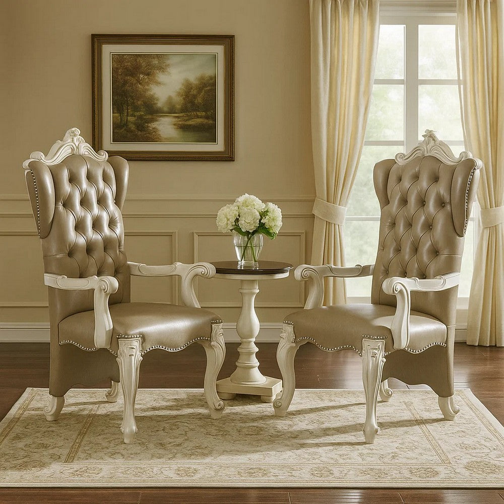 Faux Leather Upholstered Wooden Arm Chairs, Set of Two, White and Gray - BM204356