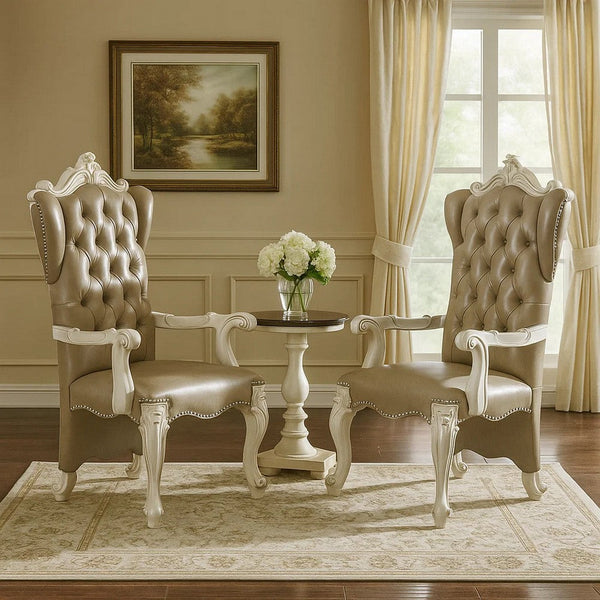 Faux Leather Upholstered Wooden Arm Chairs, Set of Two, White and Gray - BM204356