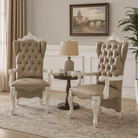 Faux Leather Upholstered Wooden Arm Chairs, Set of Two, White and Gray - BM204356